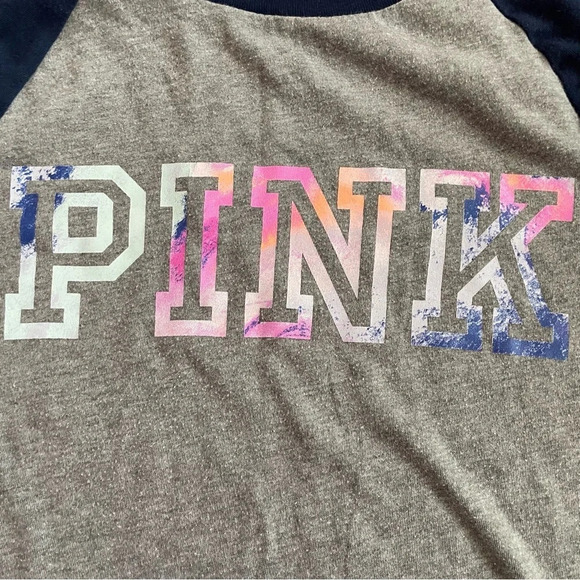 PINK Victoria’s Cotton 3/4 Sleeve Campus Baseball Varsity Gray Navy Blue Shirt - Picture 5 of 11